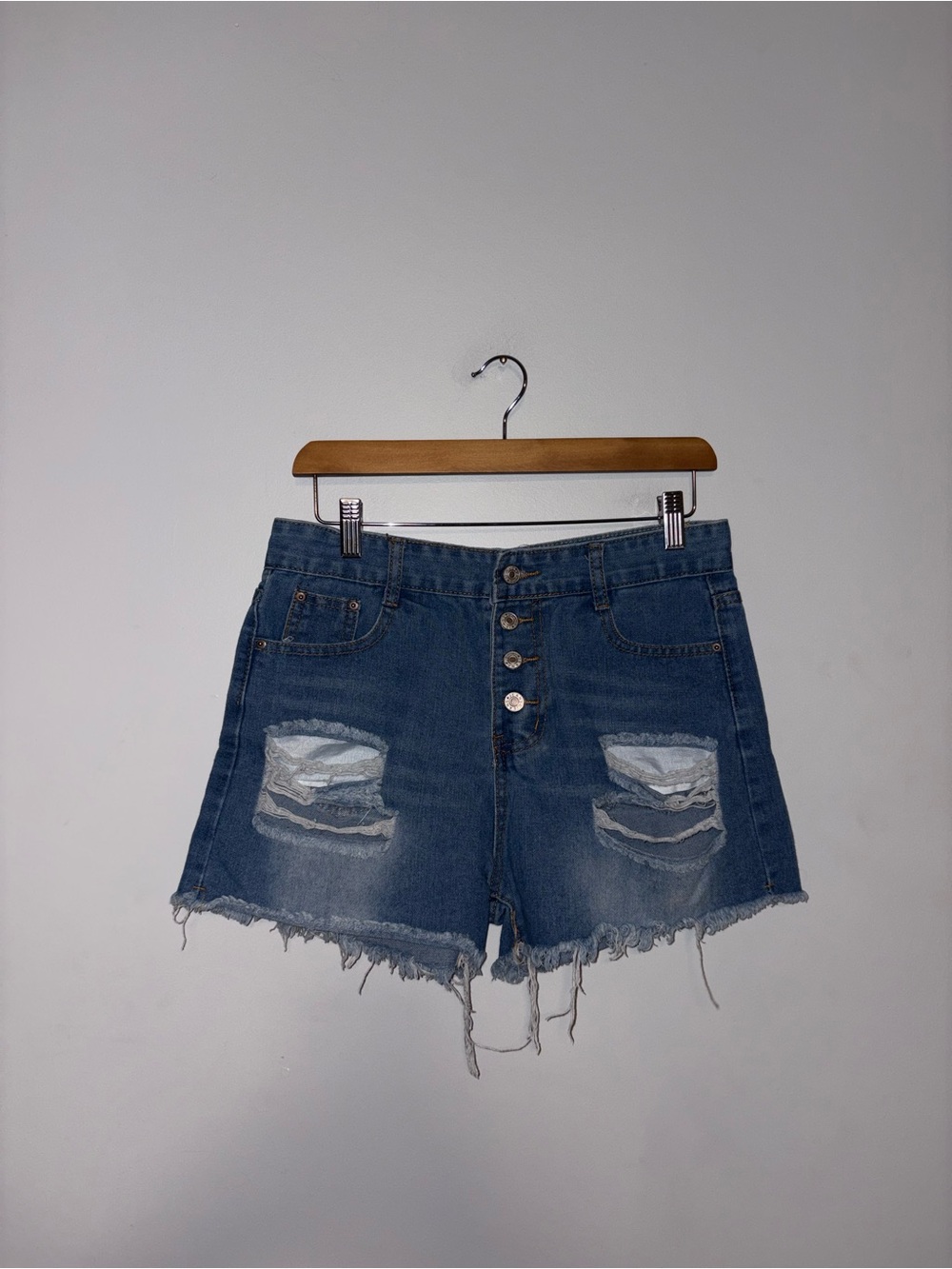 Buttonfly Distressed Denim Shorts